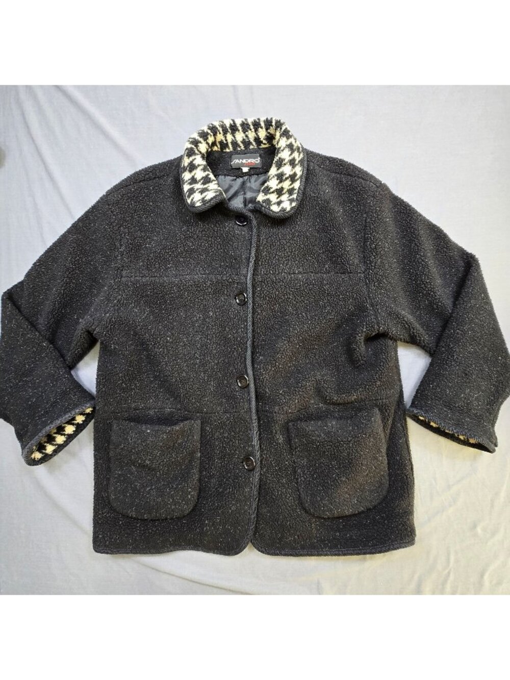 Sandro Sport XL Womens Black Sherpa Jacket Houndstooth Collar Button Pockets